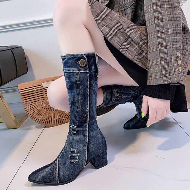 Lässige Damen-stiefel Mit Seitlichem Reißverschluss Spitzer Zehenbereich Klobiger Absatz Halbhohe Denim-stoffstiefel