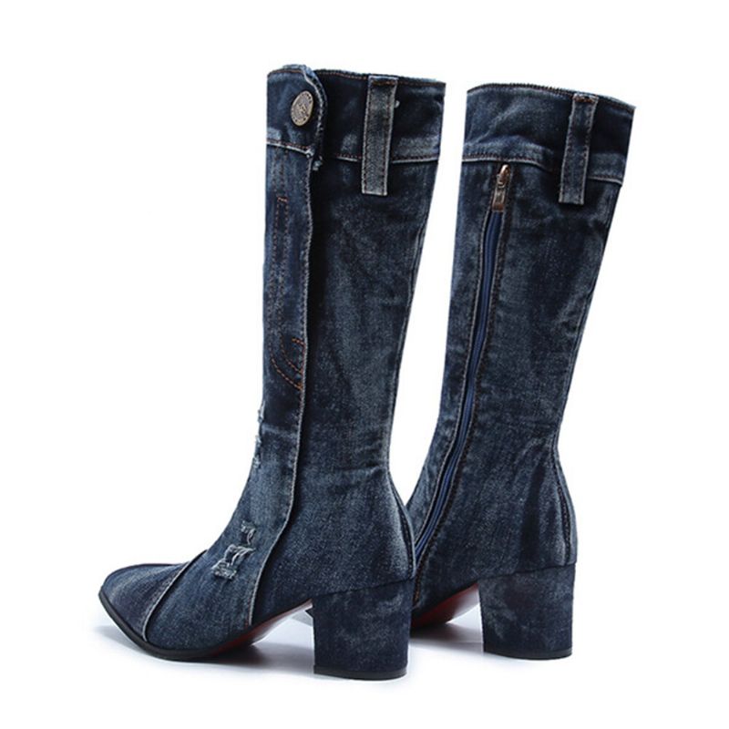 Lässige Damen-stiefel Mit Seitlichem Reißverschluss Spitzer Zehenbereich Klobiger Absatz Halbhohe Denim-stoffstiefel