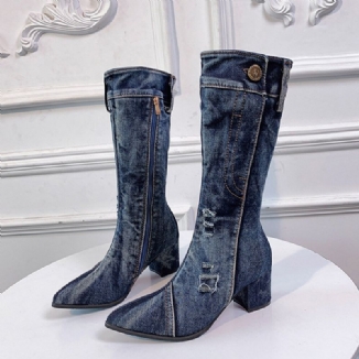 Lässige Damen-stiefel Mit Seitlichem Reißverschluss Spitzer Zehenbereich Klobiger Absatz Halbhohe Denim-stoffstiefel