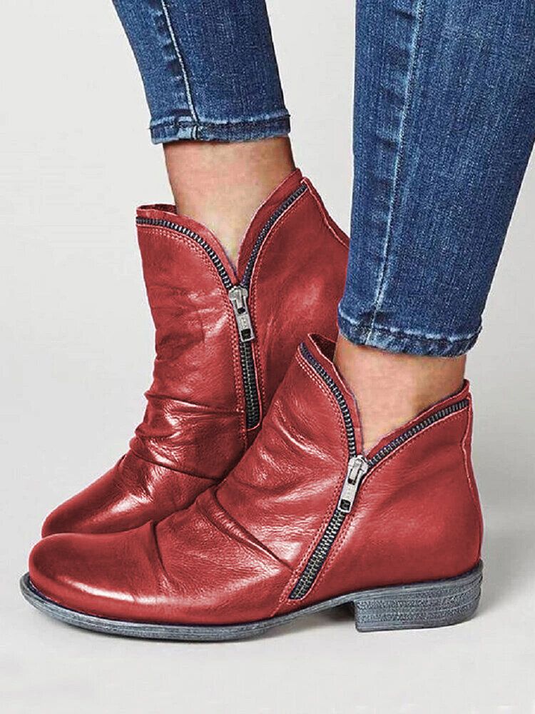 Lässige Flache Ankle Boots Für Damen In Großen Größen Einfarbig Seitlicher Reißverschluss