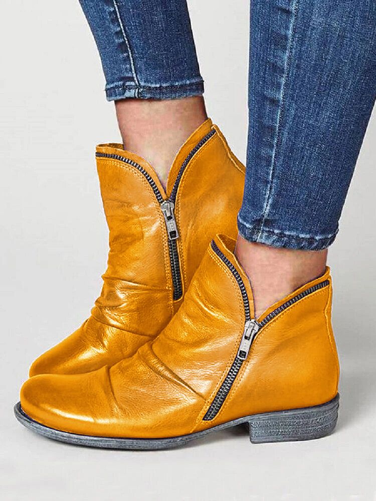 Lässige Flache Ankle Boots Für Damen In Großen Größen Einfarbig Seitlicher Reißverschluss