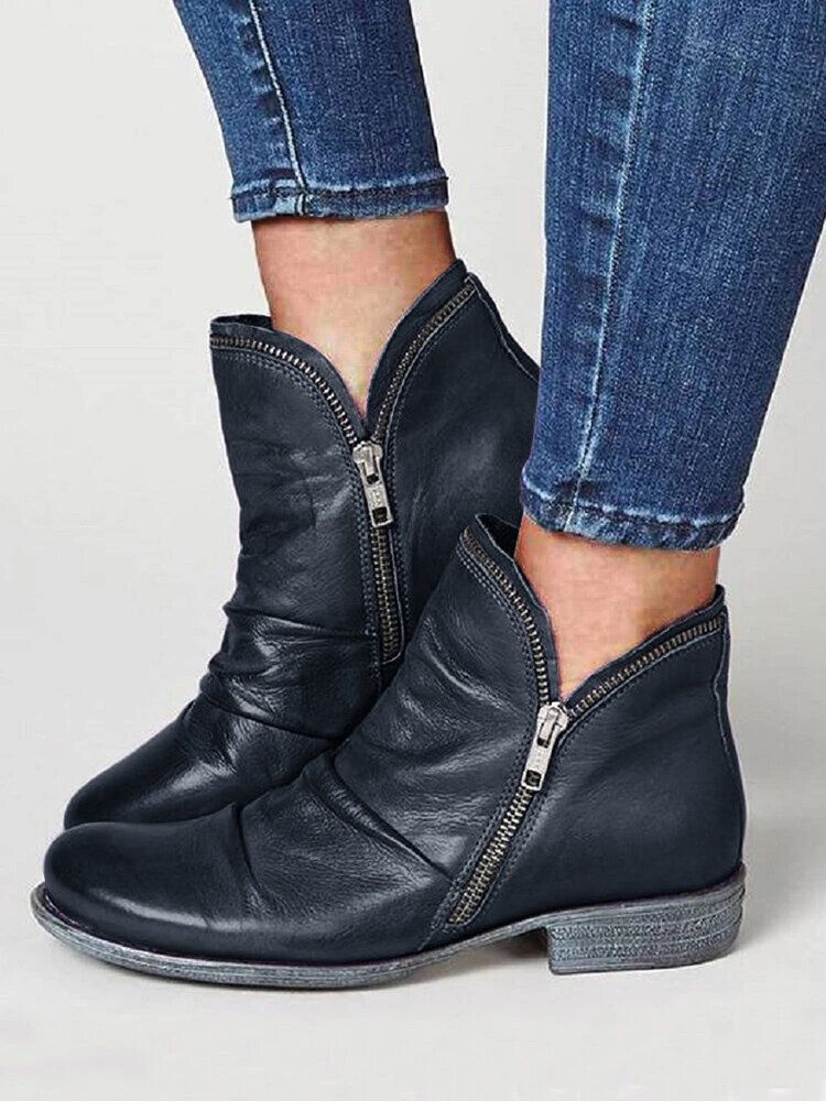 Lässige Flache Ankle Boots Für Damen In Großen Größen Einfarbig Seitlicher Reißverschluss