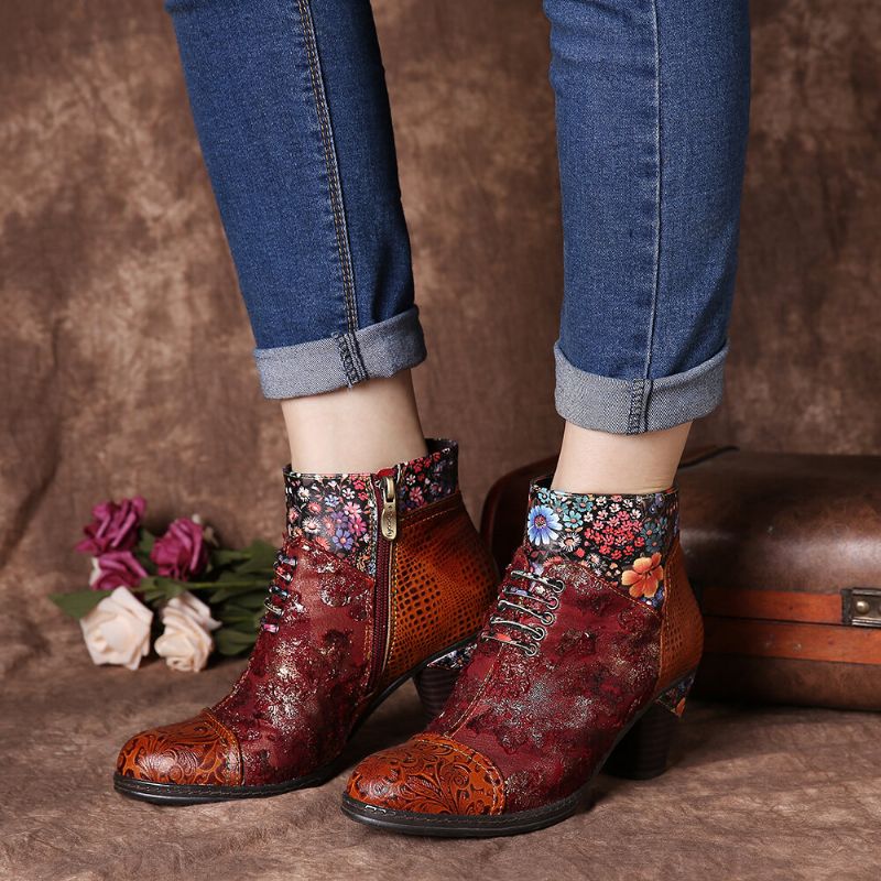 Lässige Gefütterte Damen-stiefeletten Mit Blumenspleißmuster Und Kegelförmigem Absatz