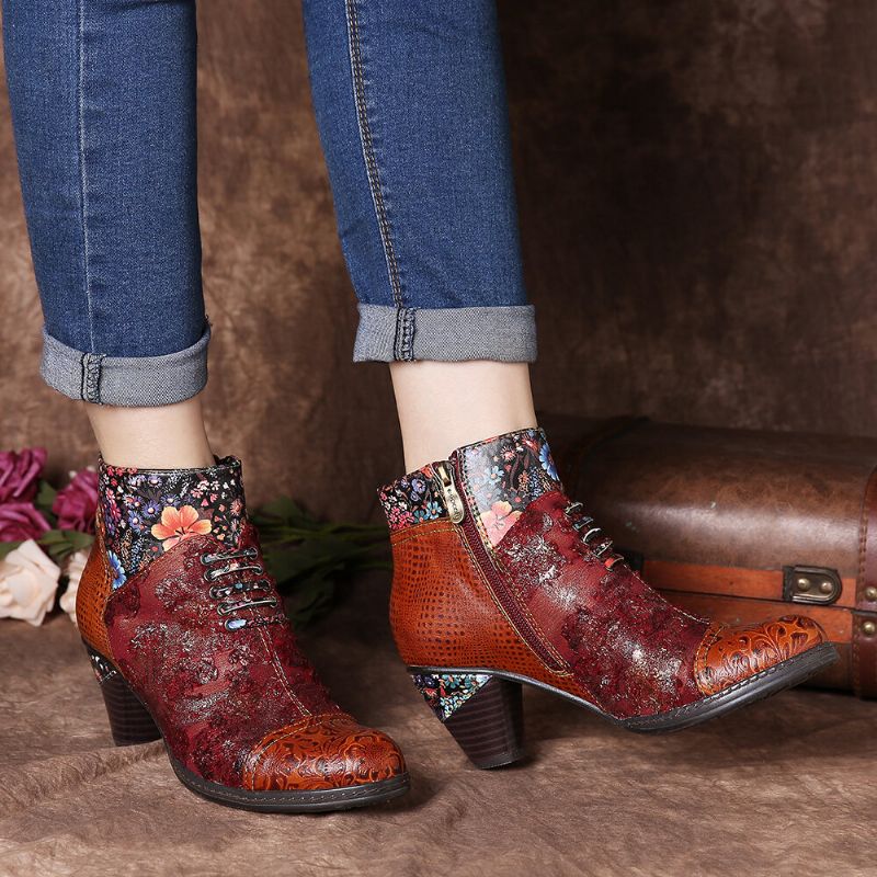 Lässige Gefütterte Damen-stiefeletten Mit Blumenspleißmuster Und Kegelförmigem Absatz