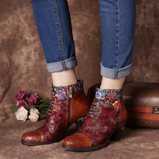 Lässige Gefütterte Damen-stiefeletten Mit Blumenspleißmuster Und Kegelförmigem Absatz