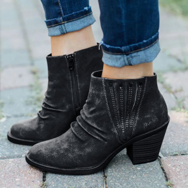 Lässige Retro-stiefel Mit Dickem Absatz Und Seitlichem Reißverschluss Für Damen In Großen Größen