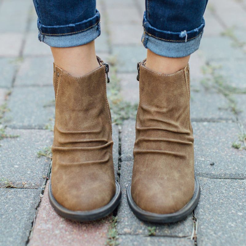 Lässige Retro-stiefel Mit Dickem Absatz Und Seitlichem Reißverschluss Für Damen In Großen Größen