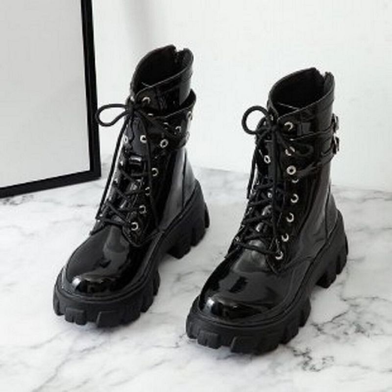 Lässige Schnallendekor-schnürstiefel Für Damen Mit Dicker Sohle