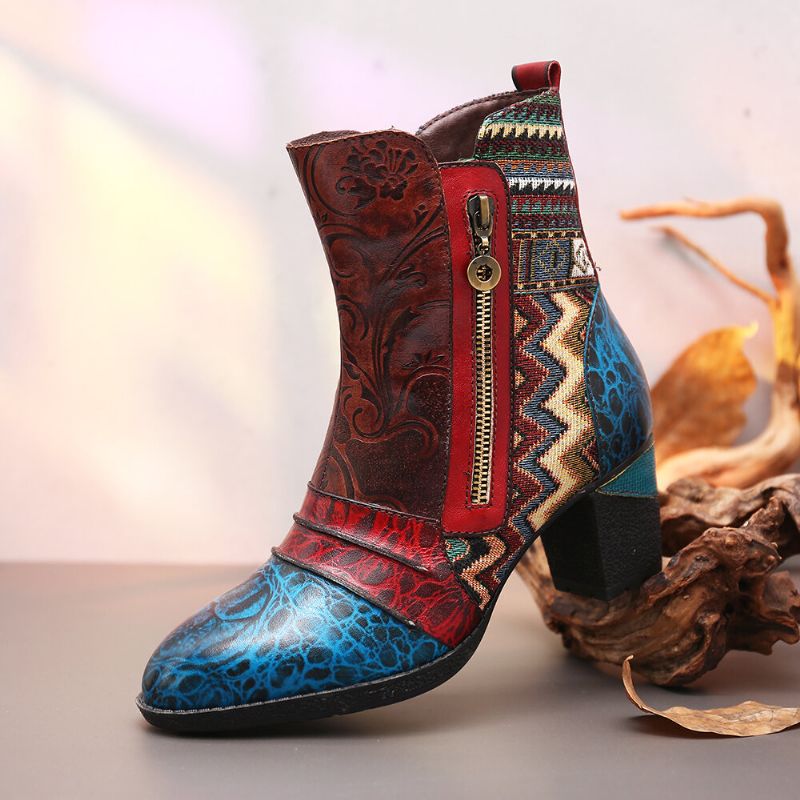 Lässige Stiefel Im Folkways-stil Mit Doppelseitigem Reißverschluss Und Geprägtem Blumenspleißen Aus Leder Im Retro-stil