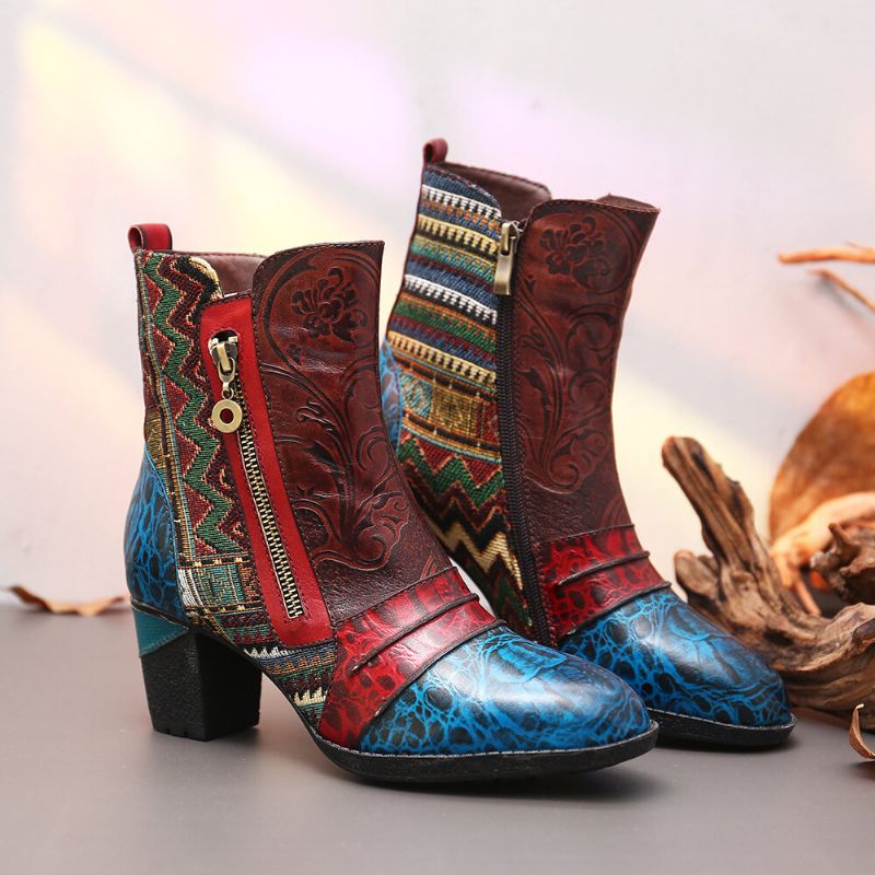 Lässige Stiefel Im Folkways-stil Mit Doppelseitigem Reißverschluss Und Geprägtem Blumenspleißen Aus Leder Im Retro-stil