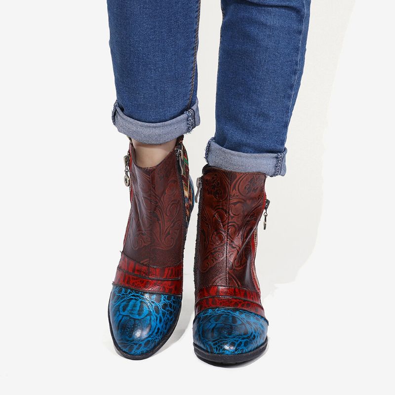 Lässige Stiefel Im Folkways-stil Mit Doppelseitigem Reißverschluss Und Geprägtem Blumenspleißen Aus Leder Im Retro-stil