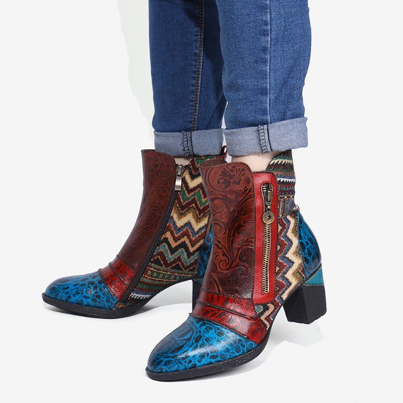 Lässige Stiefel Im Folkways-stil Mit Doppelseitigem Reißverschluss Und Geprägtem Blumenspleißen Aus Leder Im Retro-stil