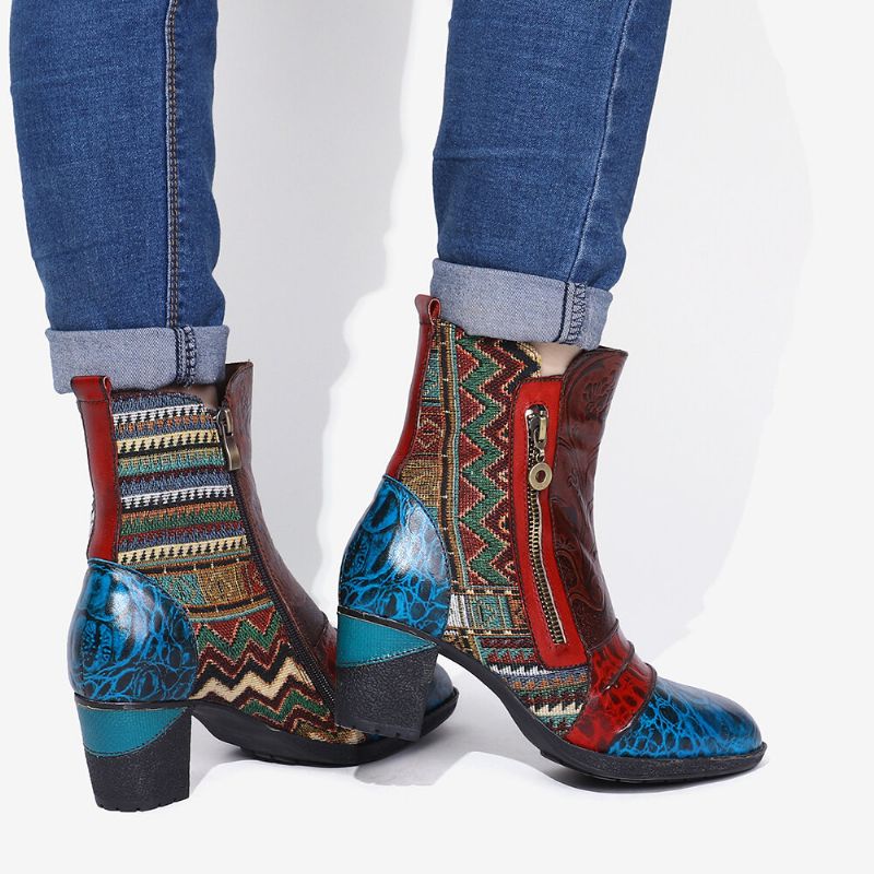 Lässige Stiefel Im Folkways-stil Mit Doppelseitigem Reißverschluss Und Geprägtem Blumenspleißen Aus Leder Im Retro-stil