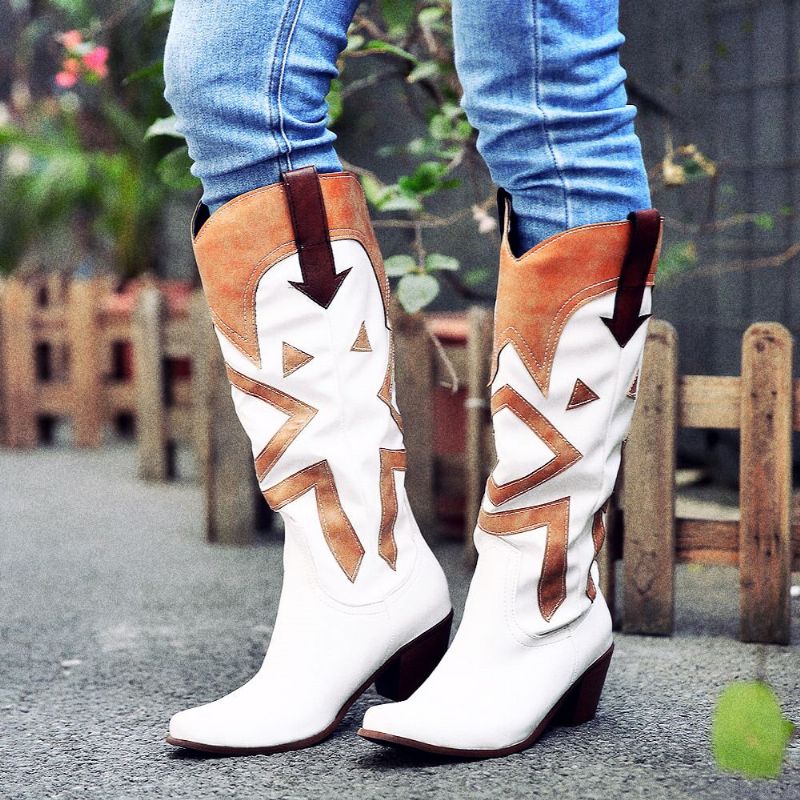 Lange Cowboy-stiefel Für Damen Mit Spitzer Zehenpartie Und Hohem Quadratischem Absatz