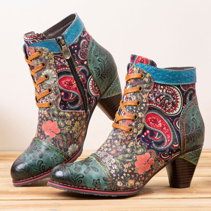 Leder-patchwork-schnürdesign Mit Retro-paisley-muster Seitlicher Reißverschluss Bequeme Kurze Stiefeletten Mit Niedrigem Absatz