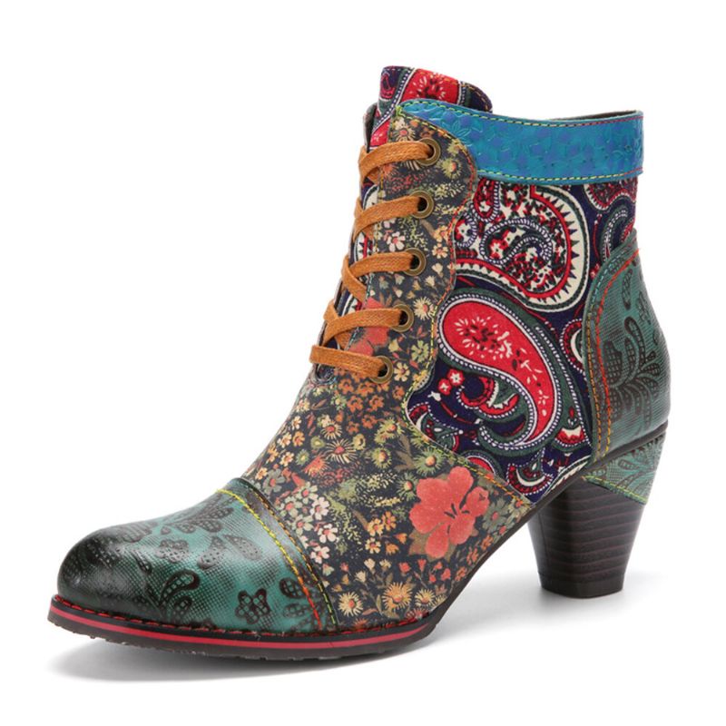 Leder-patchwork-schnürdesign Mit Retro-paisley-muster Seitlicher Reißverschluss Bequeme Kurze Stiefeletten Mit Niedrigem Absatz