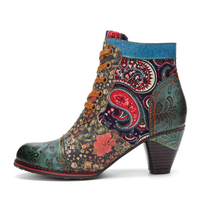 Leder-patchwork-schnürdesign Mit Retro-paisley-muster Seitlicher Reißverschluss Bequeme Kurze Stiefeletten Mit Niedrigem Absatz