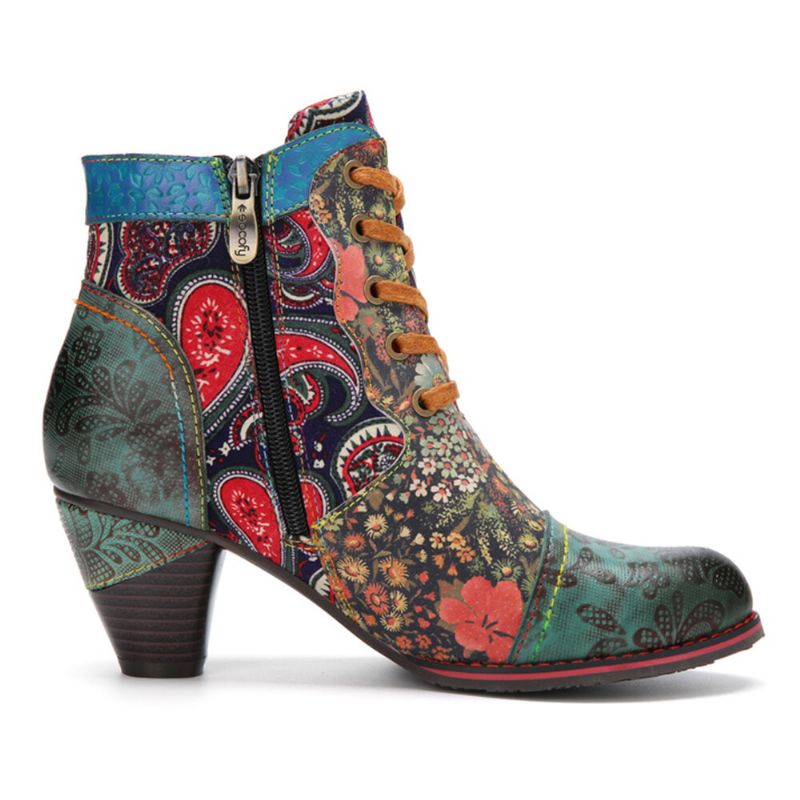 Leder-patchwork-schnürdesign Mit Retro-paisley-muster Seitlicher Reißverschluss Bequeme Kurze Stiefeletten Mit Niedrigem Absatz