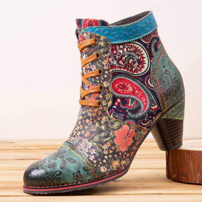 Leder-patchwork-schnürdesign Mit Retro-paisley-muster Seitlicher Reißverschluss Bequeme Kurze Stiefeletten Mit Niedrigem Absatz