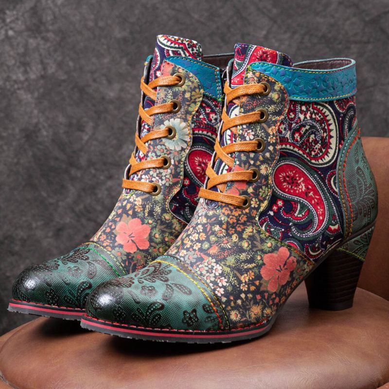 Leder-patchwork-schnürdesign Mit Retro-paisley-muster Seitlicher Reißverschluss Bequeme Kurze Stiefeletten Mit Niedrigem Absatz