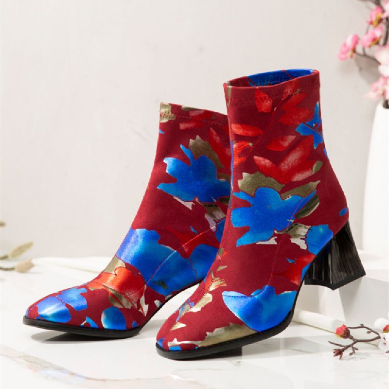 Modische Mit Blumen Bedruckte Warme Gefütterte Elastische Slip-on-stiefel Mit Klobigem Absatz