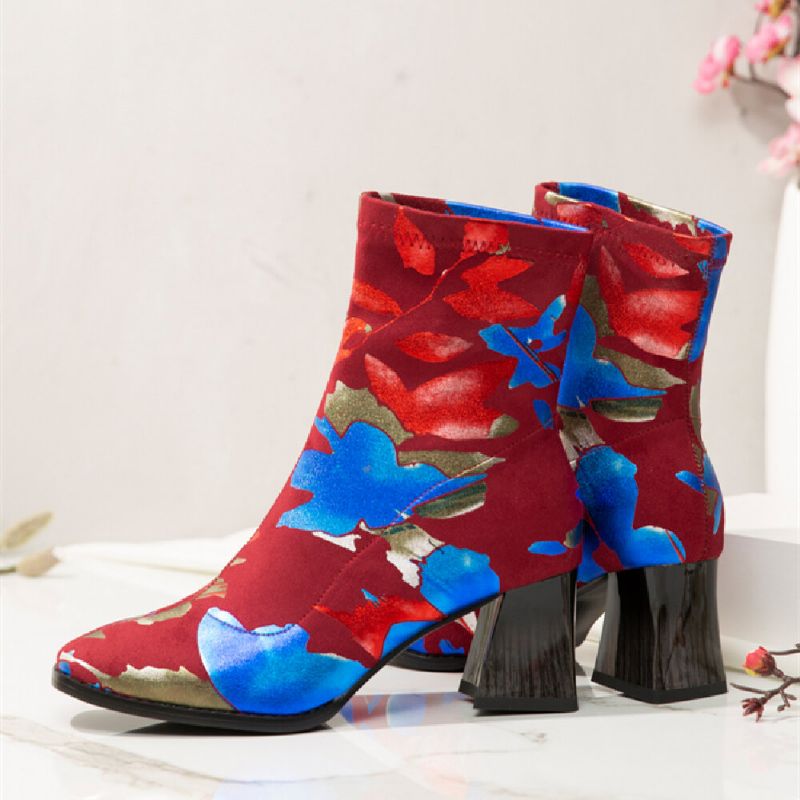 Modische Mit Blumen Bedruckte Warme Gefütterte Elastische Slip-on-stiefel Mit Klobigem Absatz