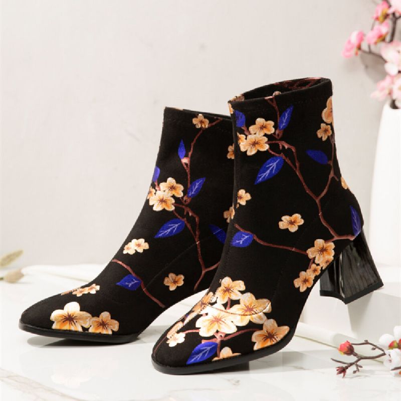 Modische Mit Blumen Bedruckte Warme Gefütterte Elastische Slip-on-stiefel Mit Klobigem Absatz