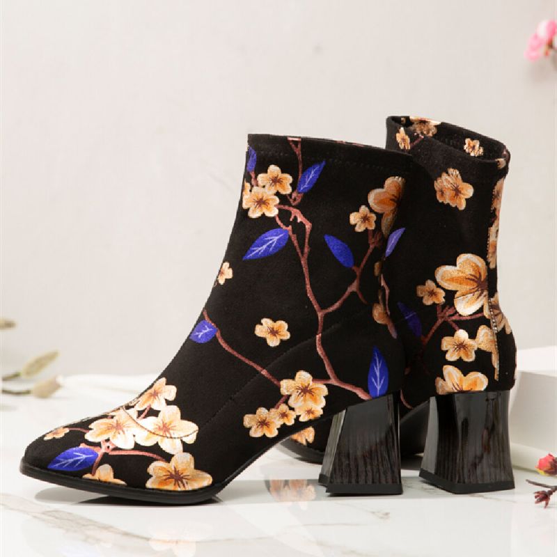 Modische Mit Blumen Bedruckte Warme Gefütterte Elastische Slip-on-stiefel Mit Klobigem Absatz