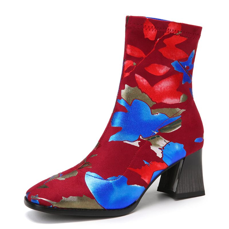 Modische Mit Blumen Bedruckte Warme Gefütterte Elastische Slip-on-stiefel Mit Klobigem Absatz