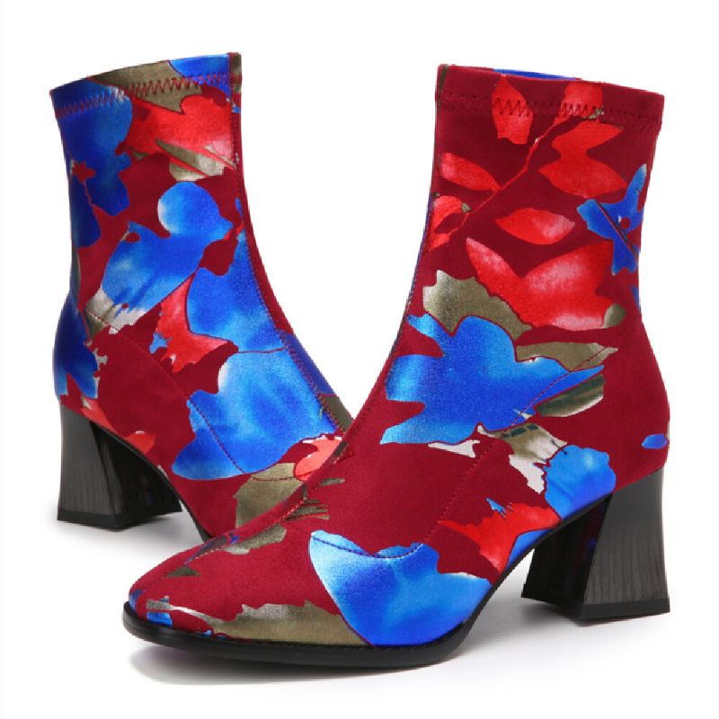 Modische Mit Blumen Bedruckte Warme Gefütterte Elastische Slip-on-stiefel Mit Klobigem Absatz