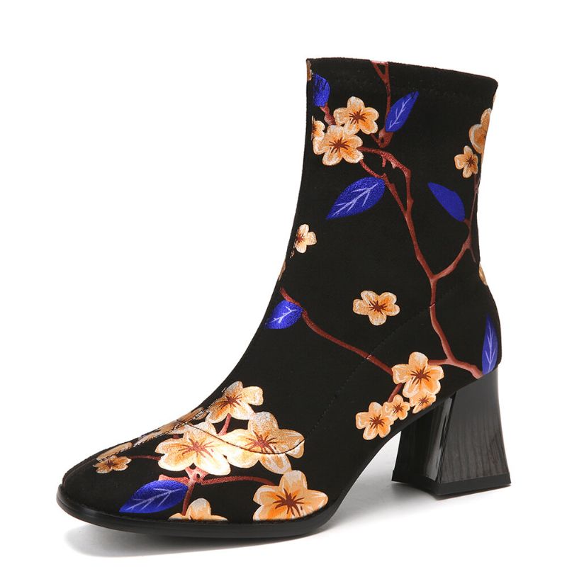 Modische Mit Blumen Bedruckte Warme Gefütterte Elastische Slip-on-stiefel Mit Klobigem Absatz