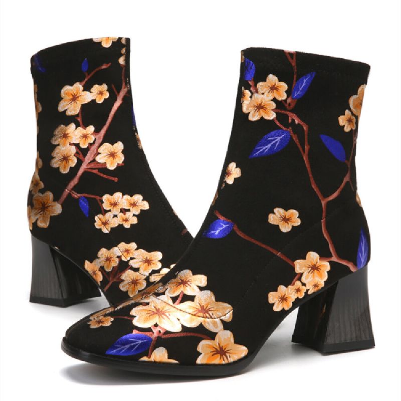 Modische Mit Blumen Bedruckte Warme Gefütterte Elastische Slip-on-stiefel Mit Klobigem Absatz