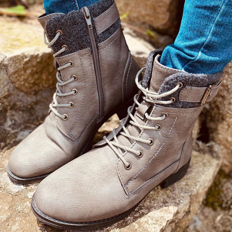 Plus Size Damen Casual Splicing Schnürstiefel Mit Seitlichem Reißverschluss