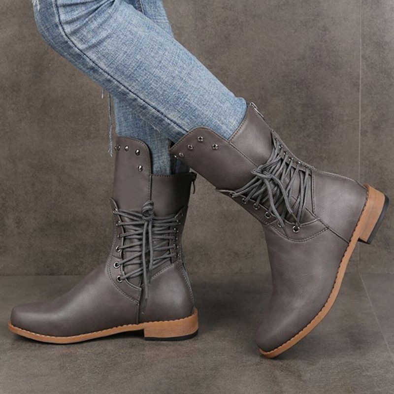 Plus Size Damen Retro Rivet Cross Strap Back Zipper Mid Calf Boots