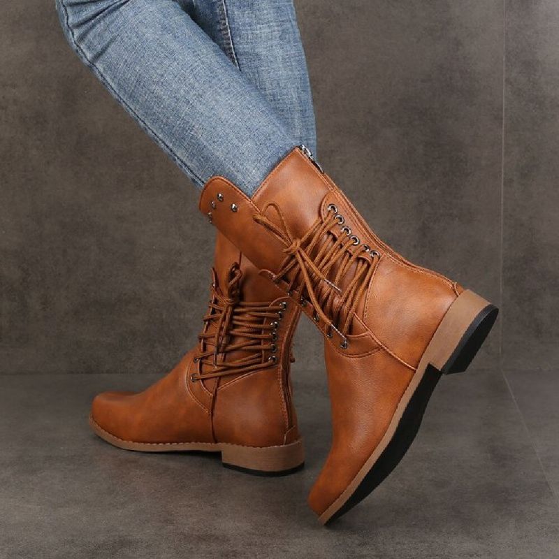 Plus Size Damen Retro Rivet Cross Strap Back Zipper Mid Calf Boots