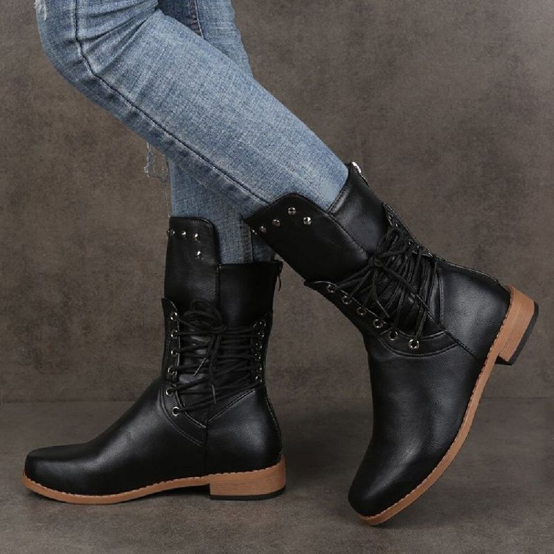 Plus Size Damen Retro Rivet Cross Strap Back Zipper Mid Calf Boots