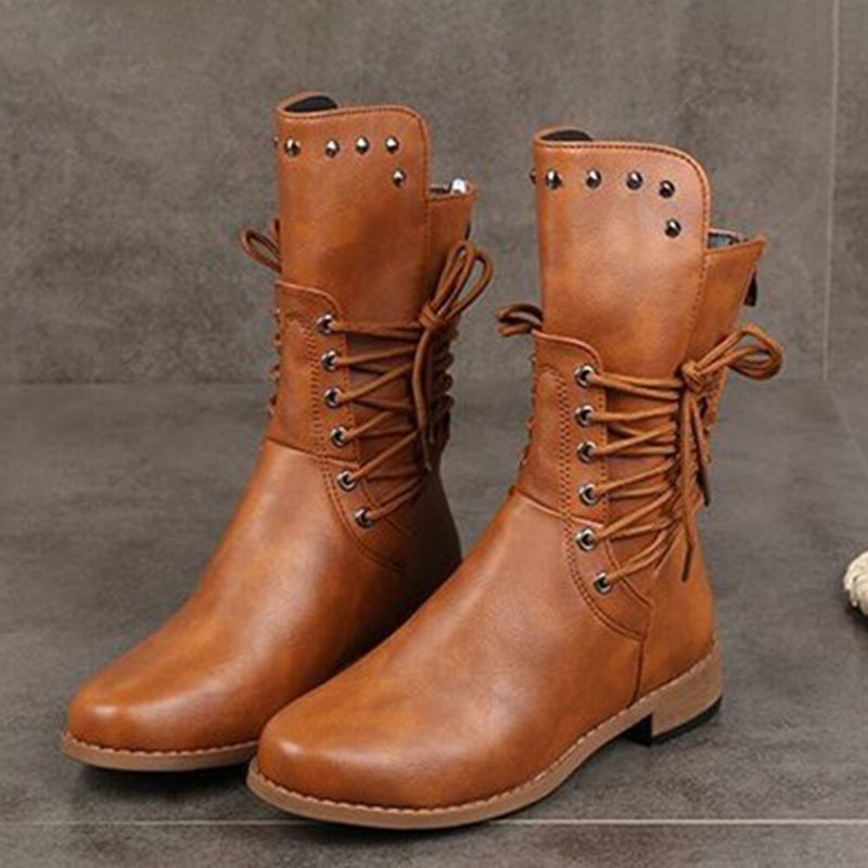 Plus Size Damen Retro Rivet Cross Strap Back Zipper Mid Calf Boots