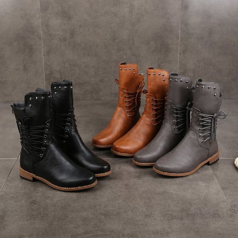 Plus Size Damen Retro Rivet Cross Strap Back Zipper Mid Calf Boots