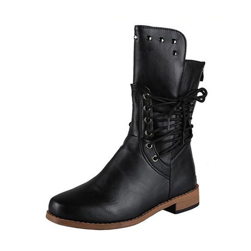 Plus Size Damen Retro Rivet Cross Strap Back Zipper Mid Calf Boots