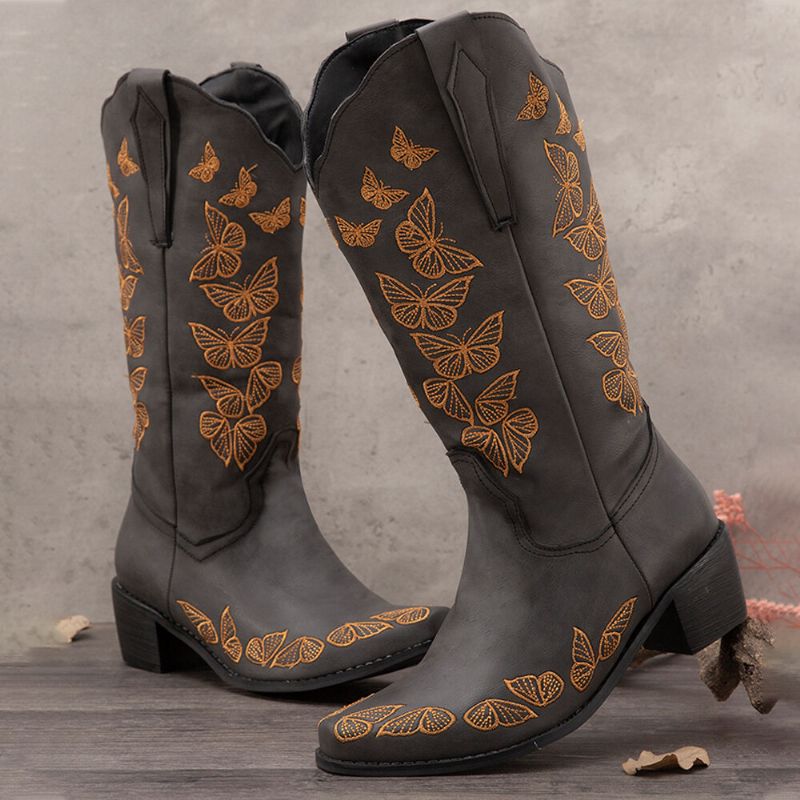 Plus Size Damen Retro-schmetterling Bestickte Mittelhohe Cowboystiefel