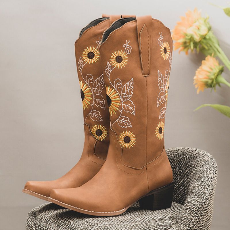 Plus Size Damen Retro Sunflower Bestickte Chunky Heel Mid Calf Cowboy Boots