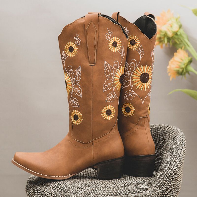 Plus Size Damen Retro Sunflower Bestickte Chunky Heel Mid Calf Cowboy Boots