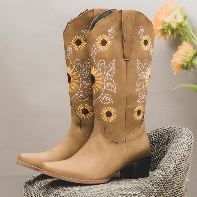 Plus Size Damen Retro Sunflower Bestickte Chunky Heel Mid Calf Cowboy Boots