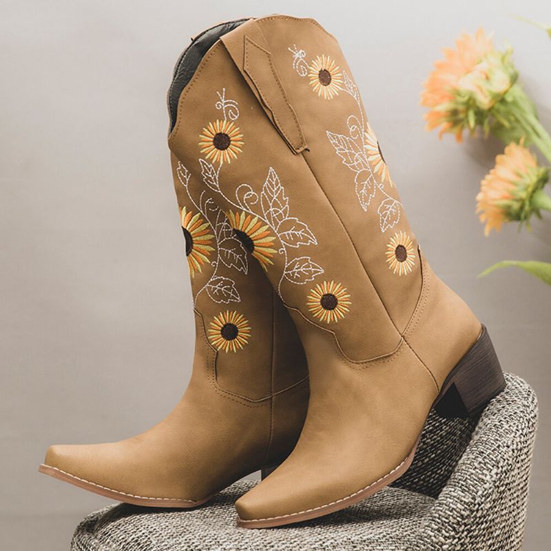 Plus Size Damen Retro Sunflower Bestickte Chunky Heel Mid Calf Cowboy Boots