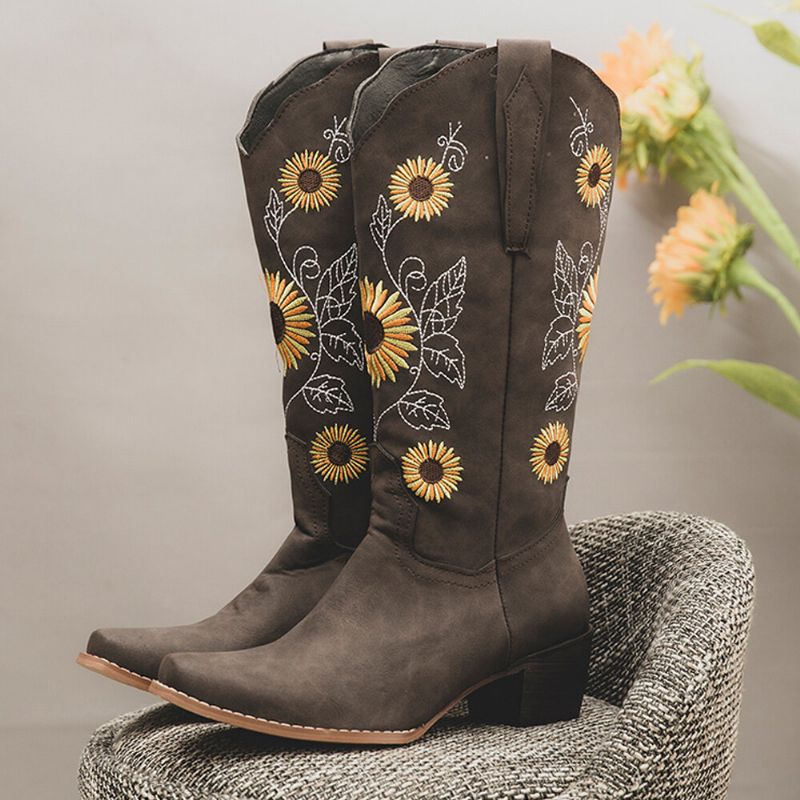 Plus Size Damen Retro Sunflower Bestickte Chunky Heel Mid Calf Cowboy Boots