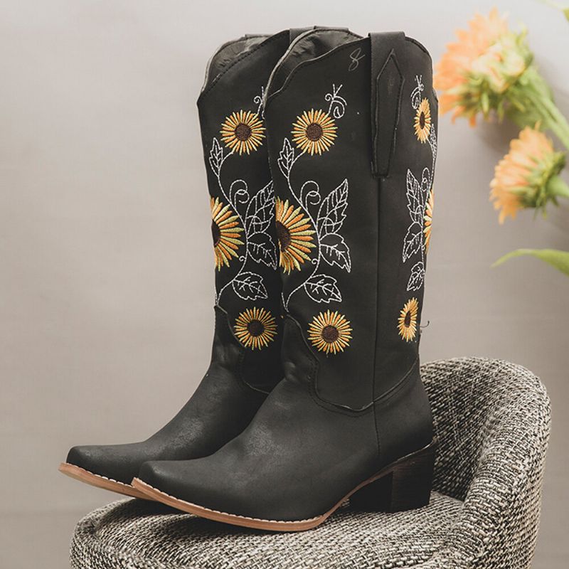 Plus Size Damen Retro Sunflower Bestickte Chunky Heel Mid Calf Cowboy Boots