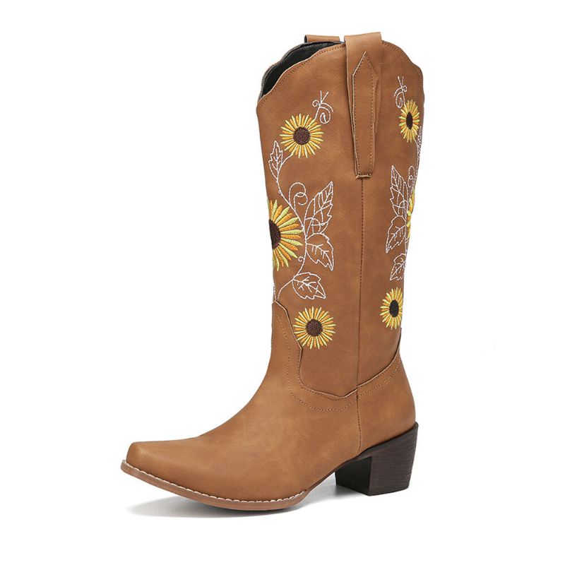 Plus Size Damen Retro Sunflower Bestickte Chunky Heel Mid Calf Cowboy Boots