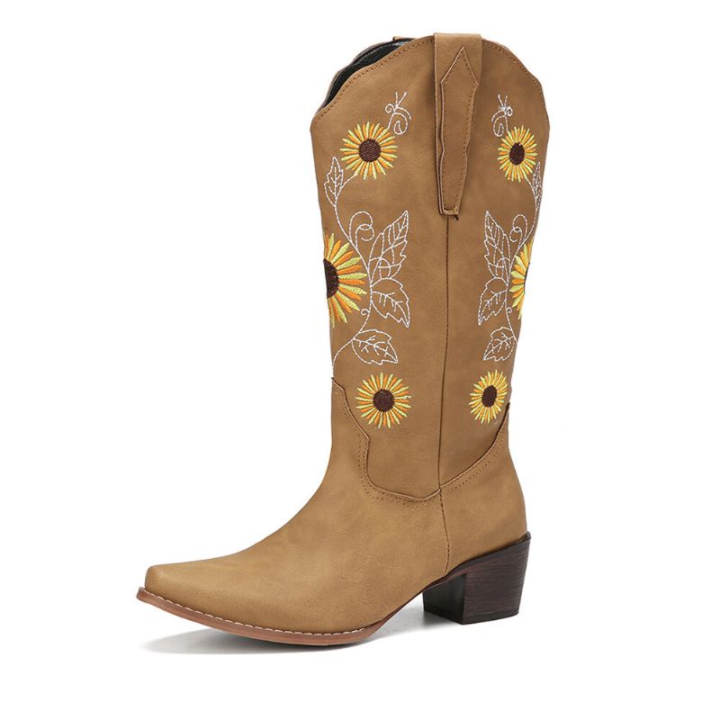 Plus Size Damen Retro Sunflower Bestickte Chunky Heel Mid Calf Cowboy Boots