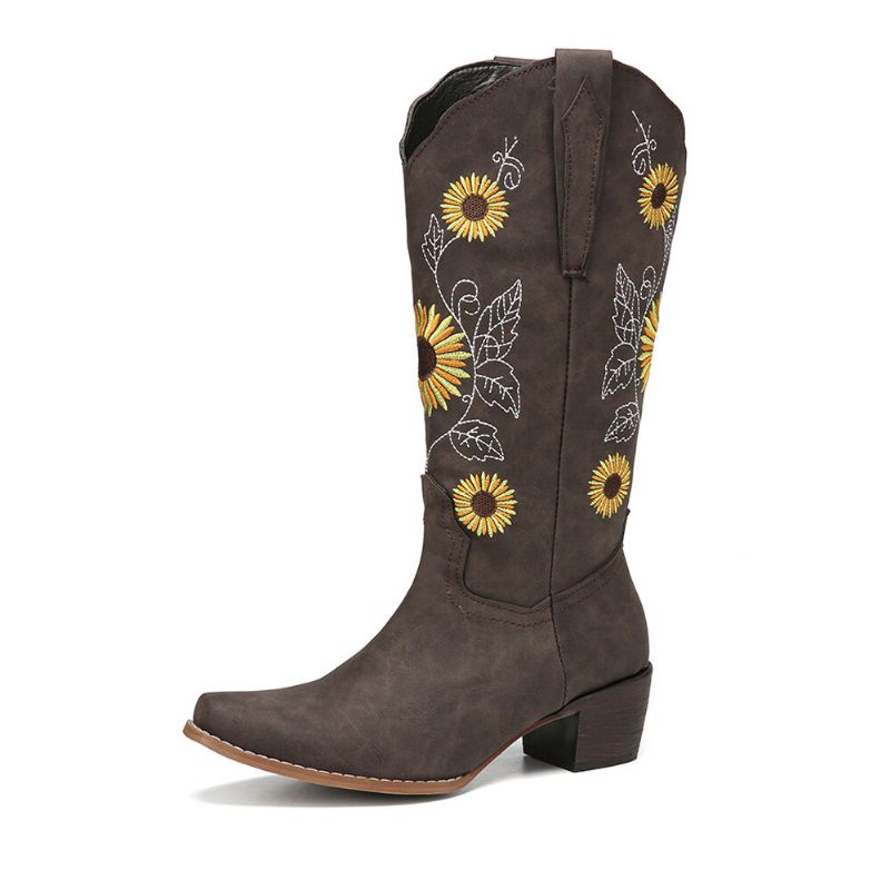 Plus Size Damen Retro Sunflower Bestickte Chunky Heel Mid Calf Cowboy Boots