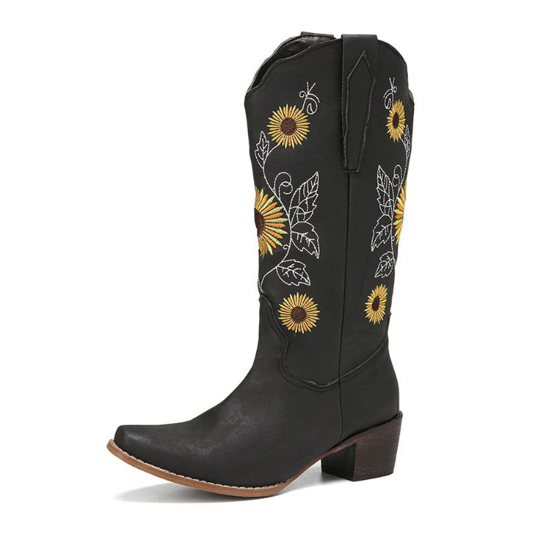 Plus Size Damen Retro Sunflower Bestickte Chunky Heel Mid Calf Cowboy Boots